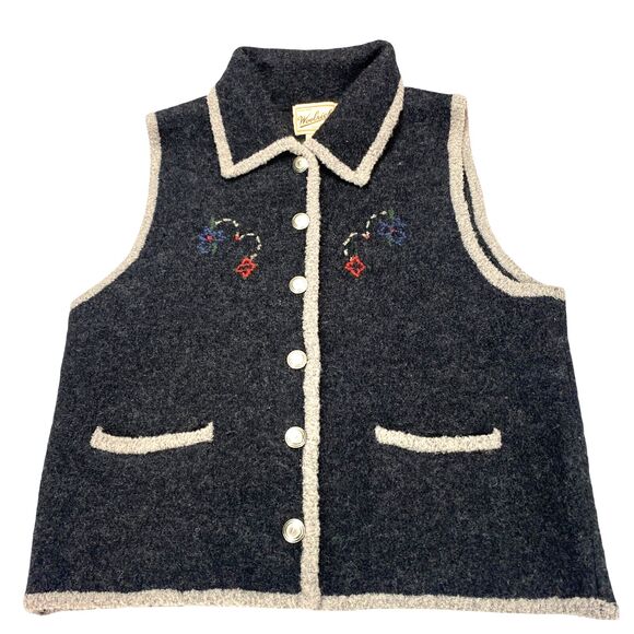 Woolrich Wool Vest Womens M Gray Grandma Embroidered Gorpcore Button Front - Picture 1 of 12